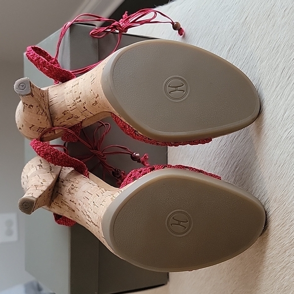 COLE HAAN Lyris Red Macrame Woven Sandal Rope Open Toe Ankle Wrap Cork Heel - Picture 4 of 8